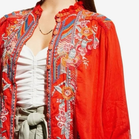 Johnny Was Jude Heavily Embroidered Blouse Electric
Coral Red - Picture 14 of 14